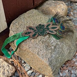 Green Beaded Flapper Headband with Peacock Feather